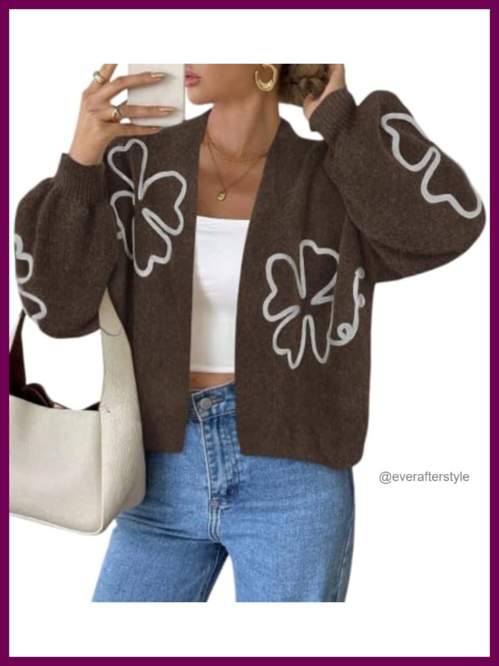 Oversized Floral Knit Cardigan Balloon Sleeve Open Front Women Sweater